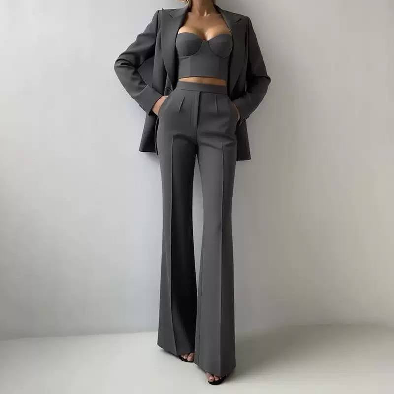 Tailored Blazer, Bustier Top, and Wide-Leg Pants Set – Dark Grey