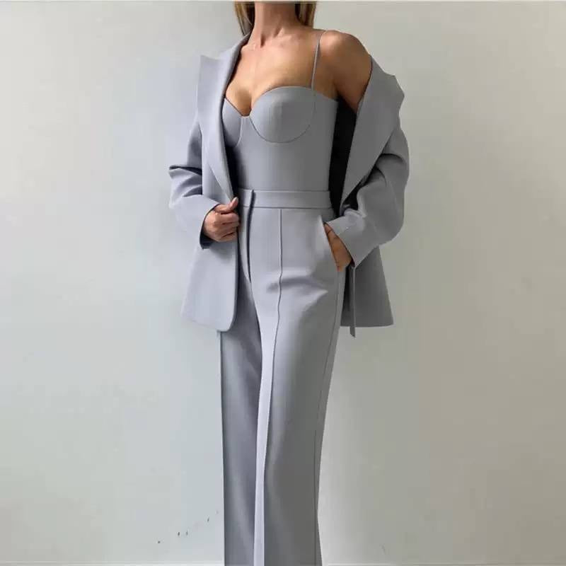 Tailored Blazer, Bustier Top, and Wide-Leg Pants Set – Light Grey