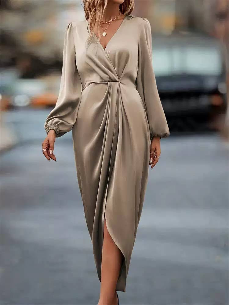 V-Neck Long Sleeve Dress With Draped Wrap-Style Skirt – Beige