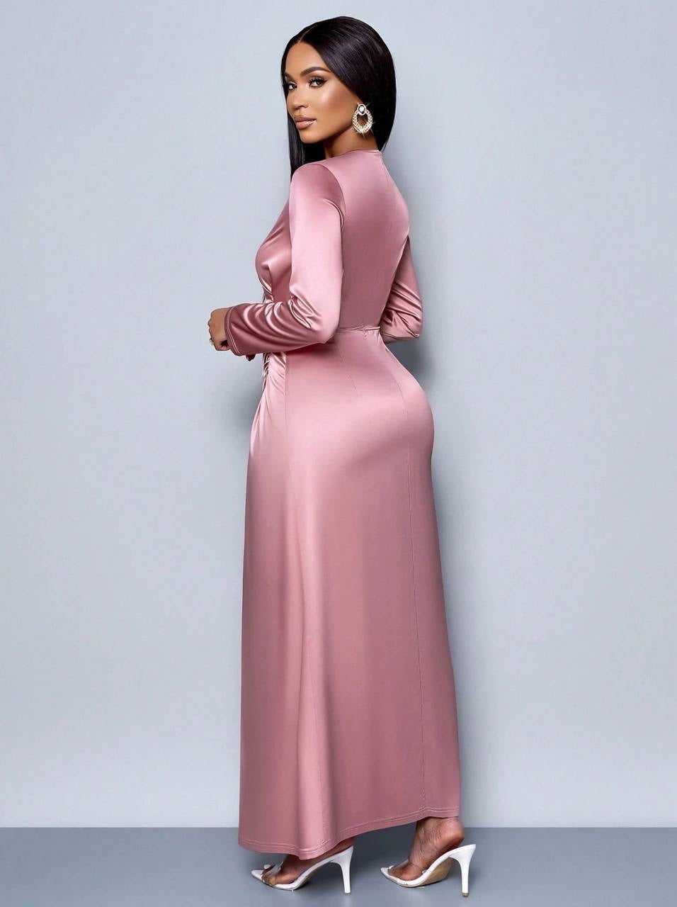 Long Sleeve Ruched Maxi Dress With Draped Front – Pink