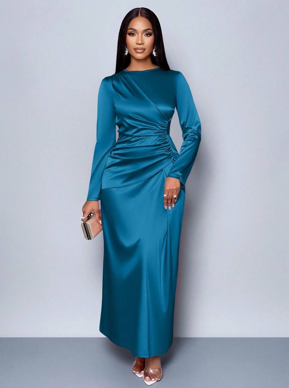 Long Sleeve Ruched Maxi Dress With Draped Front – Teal