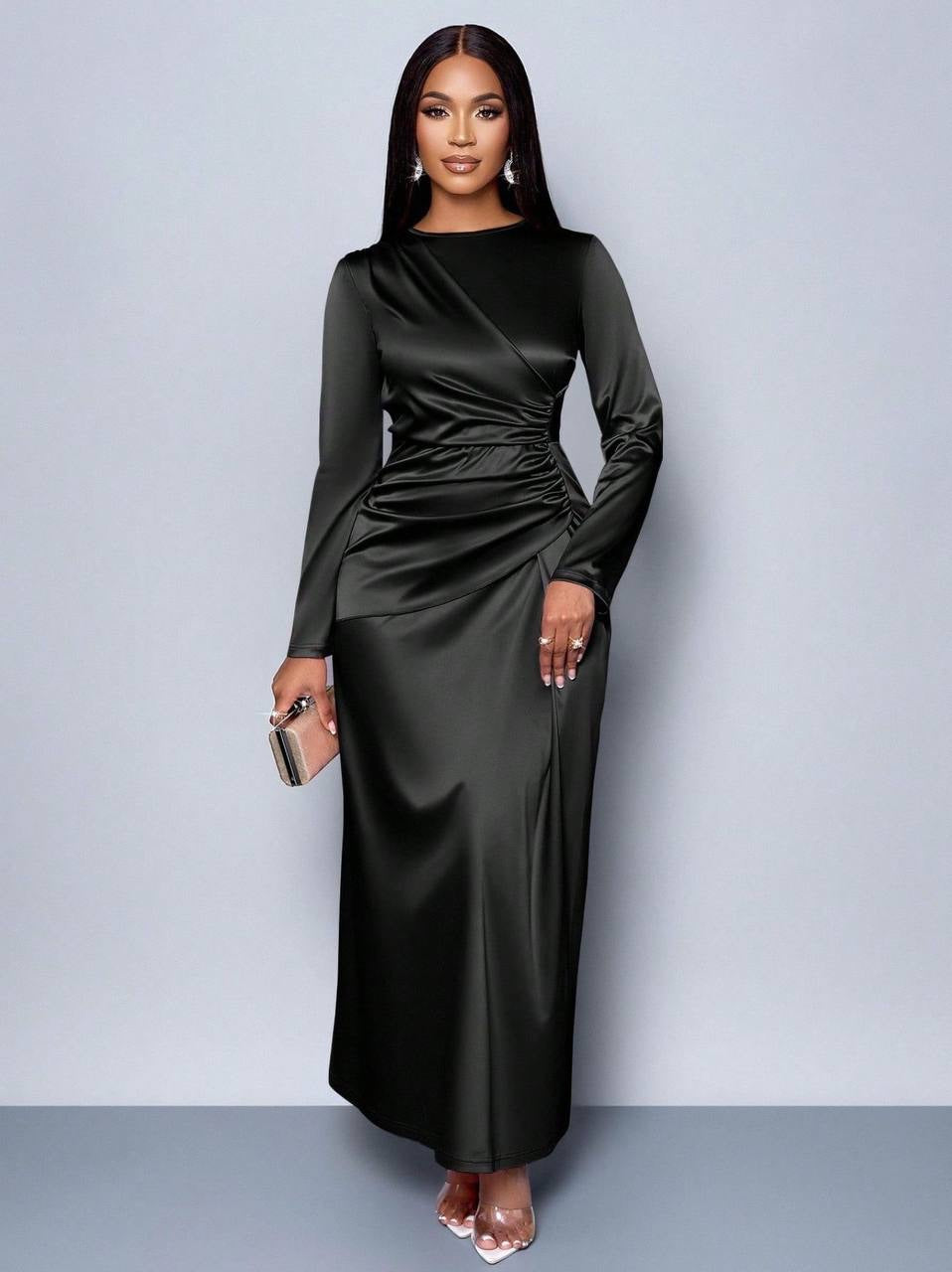 Long Sleeve Ruched Maxi Dress With Draped Front – Black