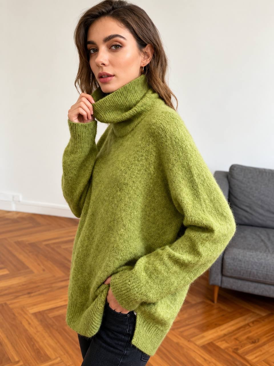 Relaxed Turtleneck Sweater With Long Ribbed Cuffs – Green