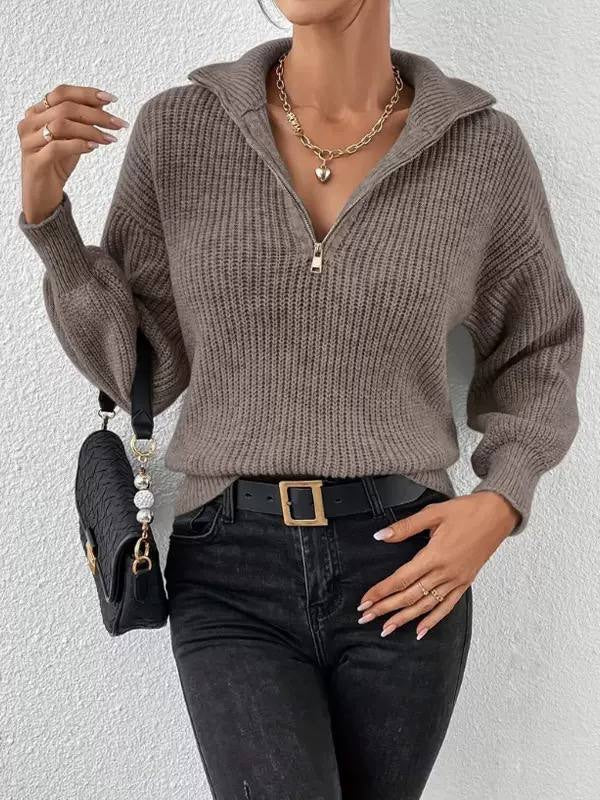 Relaxed Ribbed Half-Zip Sweater With Long Sleeves – Taupe