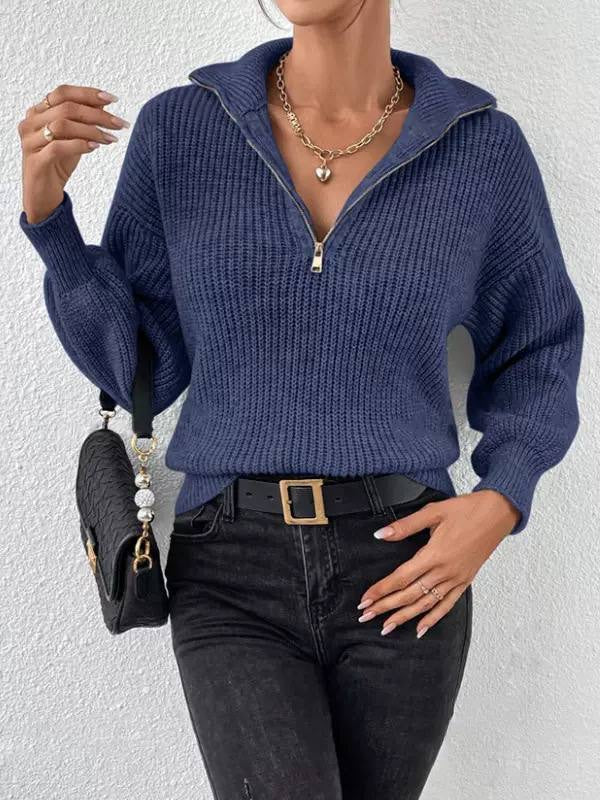 Relaxed Ribbed Half-Zip Sweater With Long Sleeves – Navy