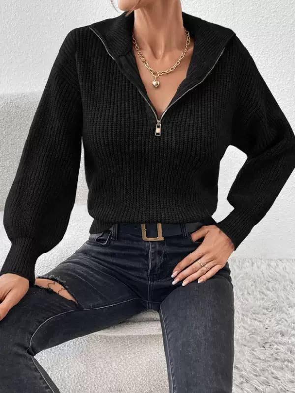 Relaxed Ribbed Half-Zip Sweater With Long Sleeves – Black