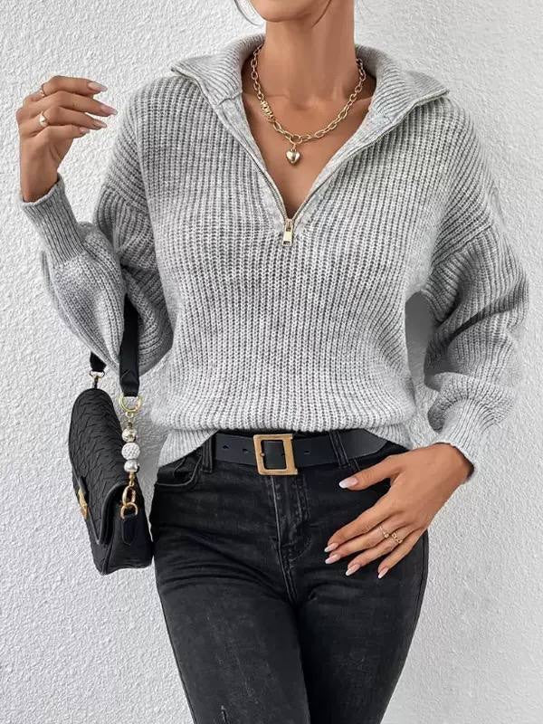 Relaxed Ribbed Half-Zip Sweater With Long Sleeves – Light Grey