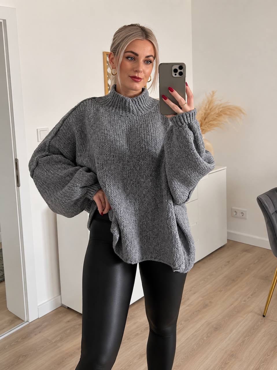 Oversized Mock Neck Sweater With Voluminous Long Sleeves – Grey