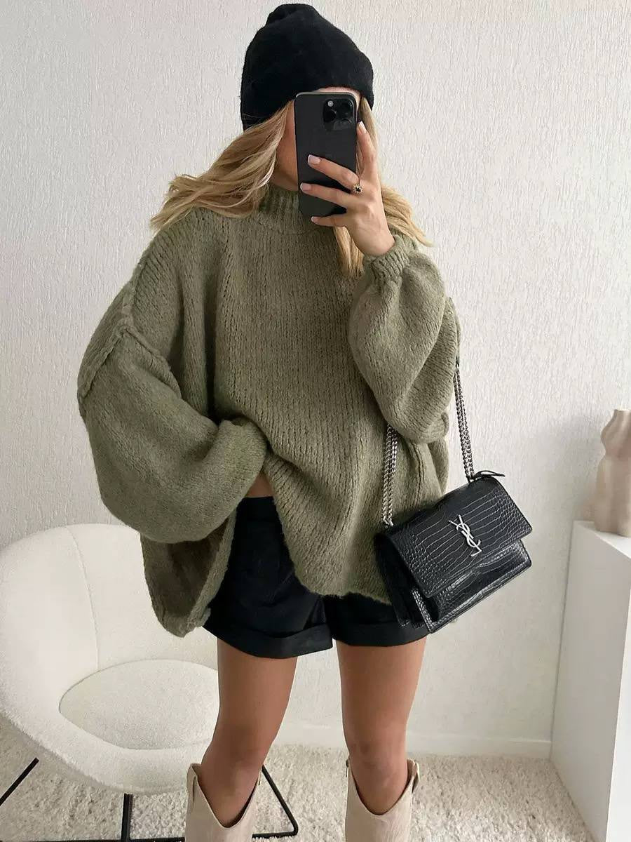 Oversized Mock Neck Sweater With Voluminous Long Sleeves – Olive Green