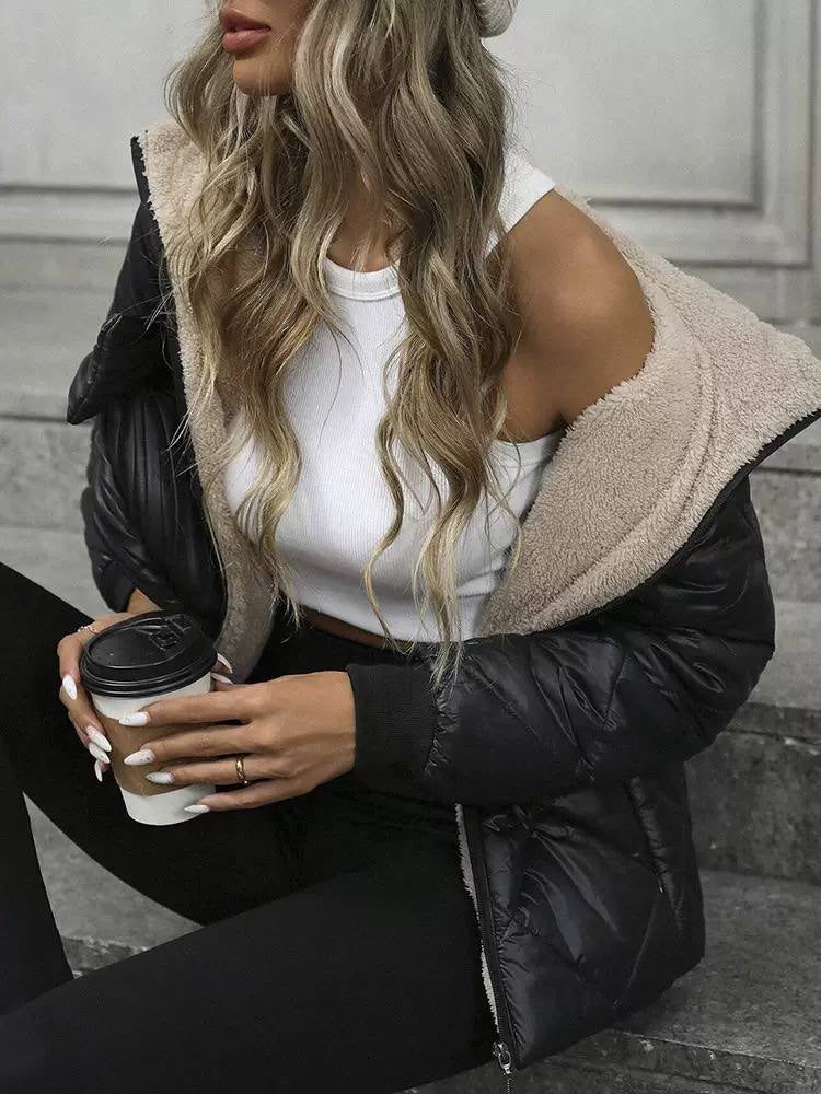 Diamond Quilted Hooded Jacket With Zip Front – Black