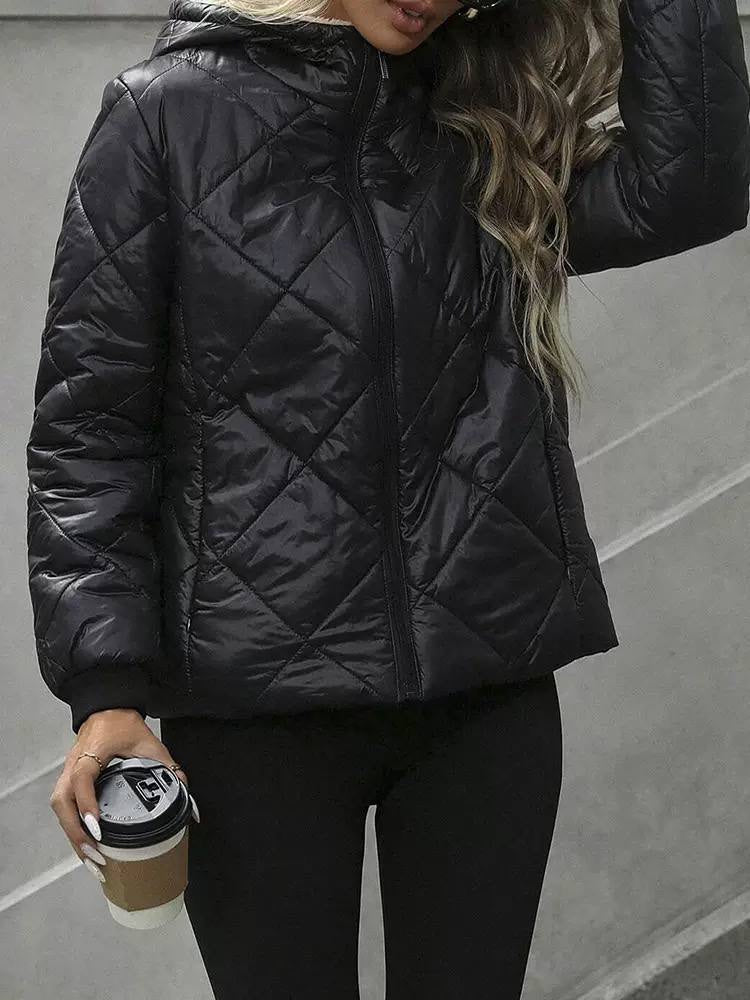 Diamond Quilted Hooded Jacket With Zip Front – Black
