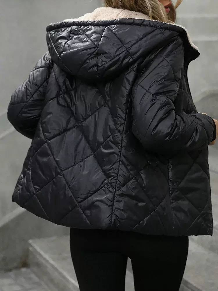 Diamond Quilted Hooded Jacket With Zip Front – Black