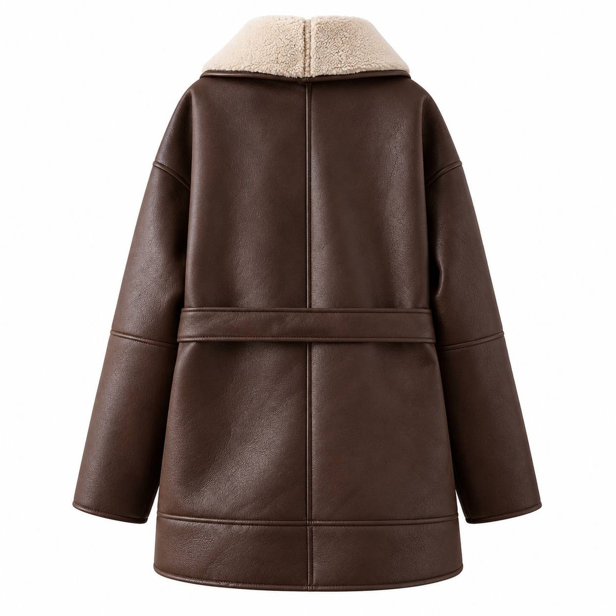 Belted Short Coat With Plush Collar and Pockets – Brown