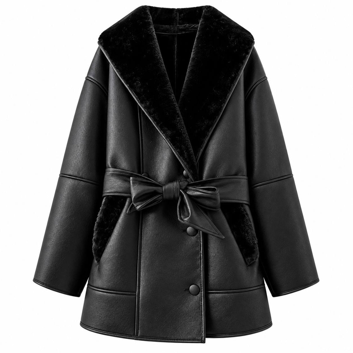 Belted Short Coat With Plush Collar and Pockets – Black