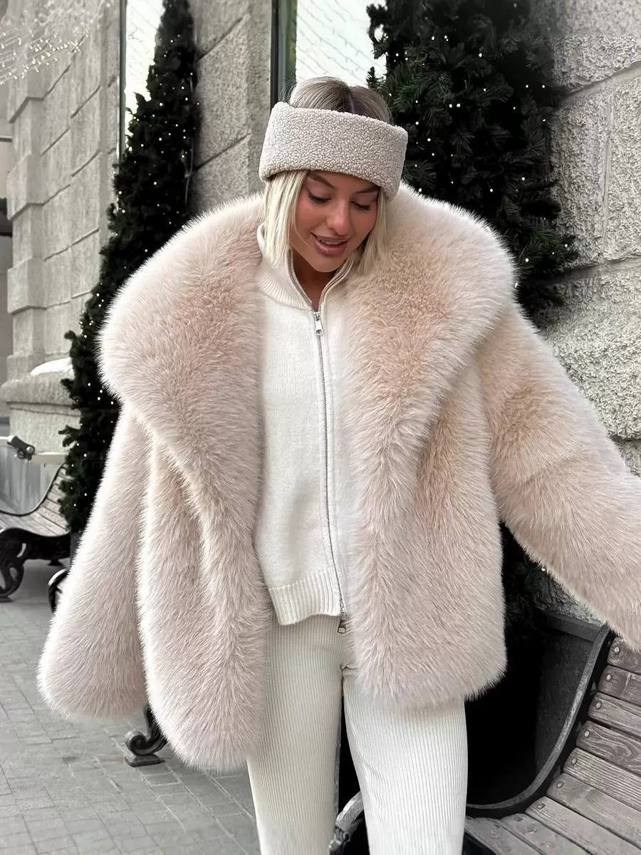 Plush Textured Coat With Oversized Collar and Long Sleeves – Beige