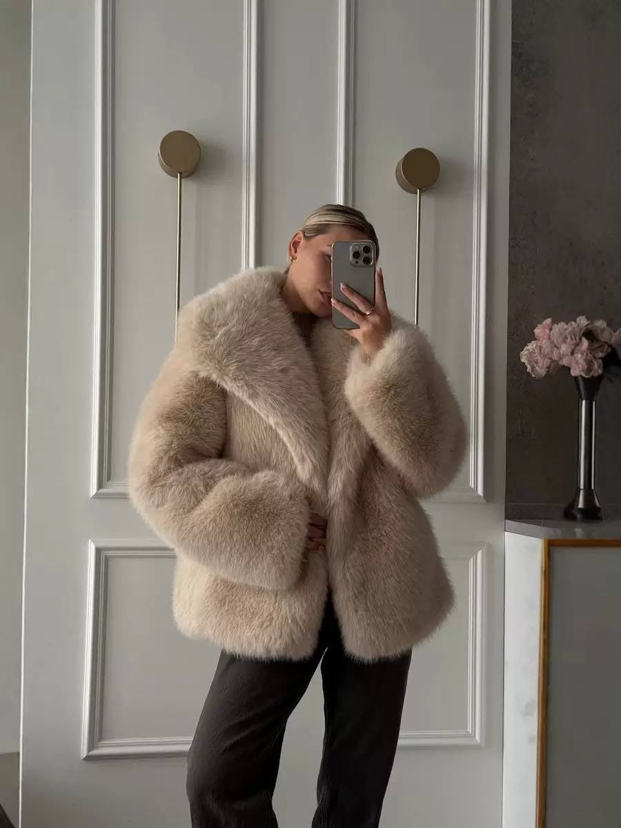 Plush Textured Coat With Oversized Collar and Long Sleeves – Beige