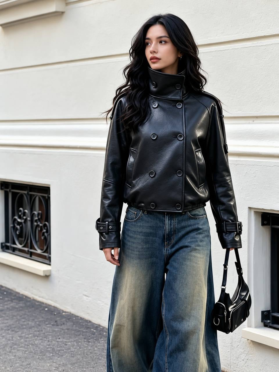 Double-Breasted Stand Collar Jacket With Buckled Cuffs – Black