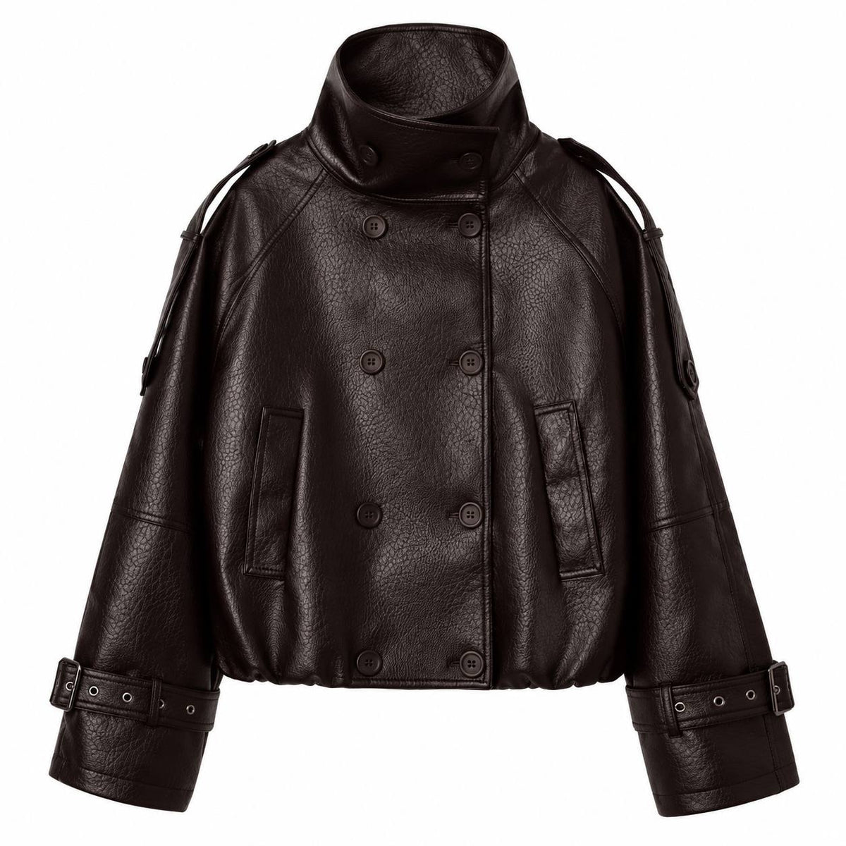 Double-Breasted Stand Collar Jacket With Buckled Cuffs – Dark Brown