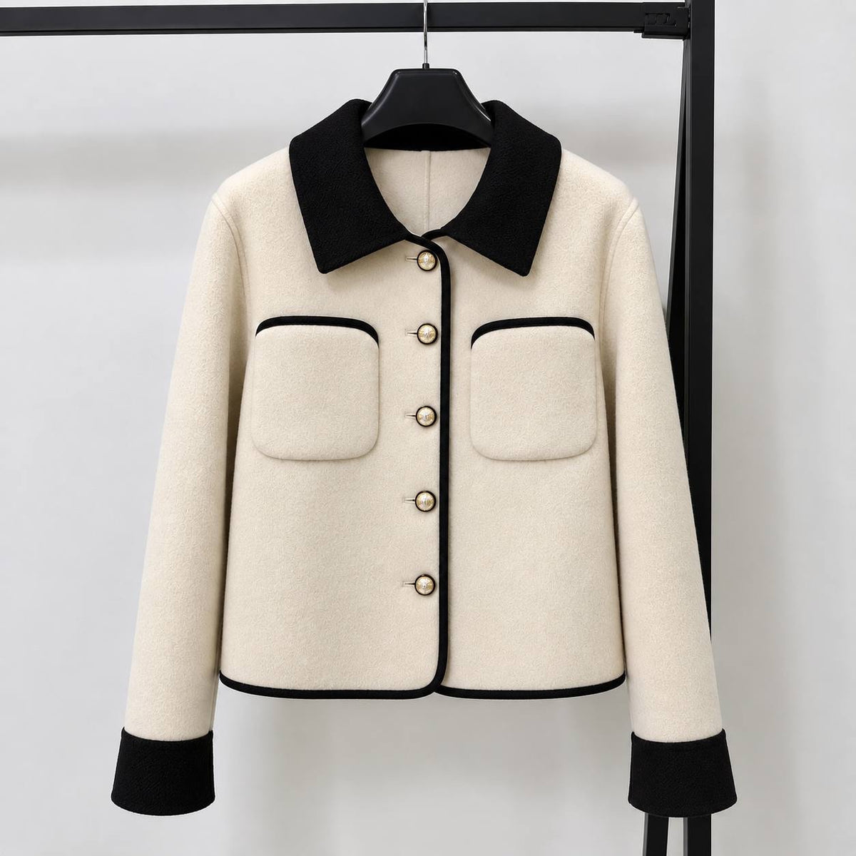 Contrast Collar Button-Front Jacket With Patch Pockets – Cream