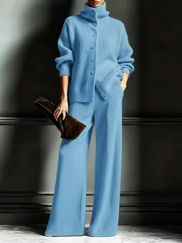 Ribbed High-Neck Button-Front Cardigan And Wide-Leg Pants Set – Light Blue