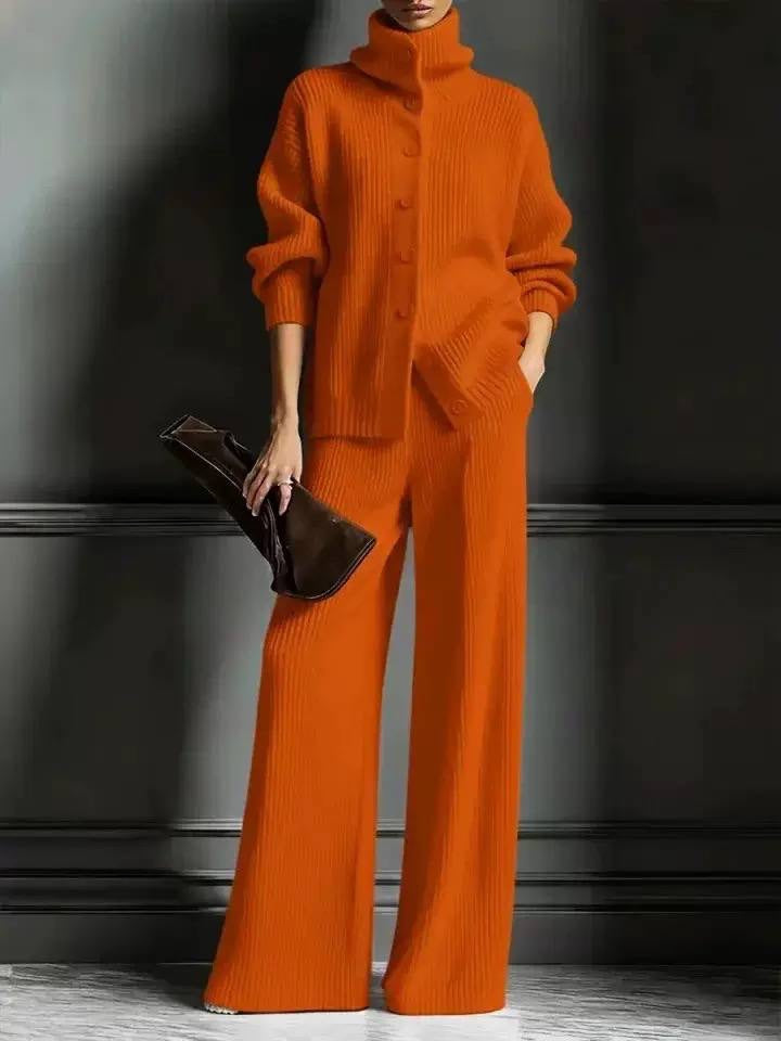 Ribbed High-Neck Button-Front Cardigan And Wide-Leg Pants Set – Orange