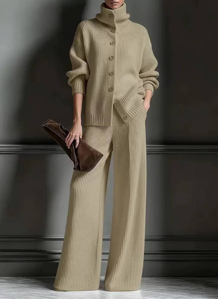 Ribbed High-Neck Button-Front Cardigan And Wide-Leg Pants Set – Beige