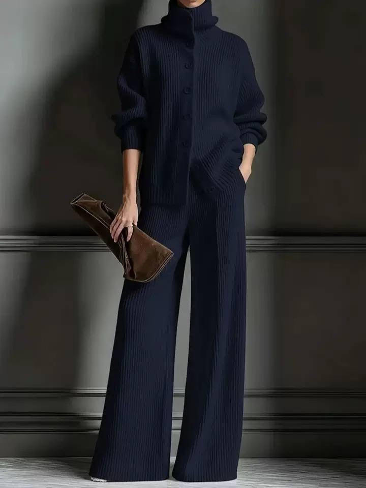 Ribbed High-Neck Button-Front Cardigan And Wide-Leg Pants Set – Navy