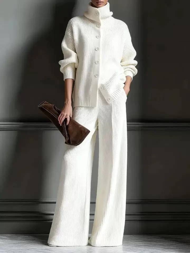 Ribbed High-Neck Button-Front Cardigan And Wide-Leg Pants Set – White