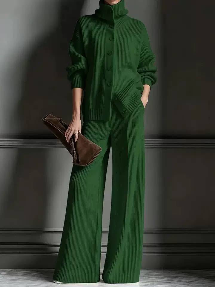 Ribbed High-Neck Button-Front Cardigan And Wide-Leg Pants Set – Dark Green