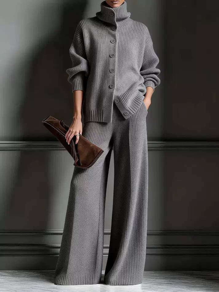 Ribbed High-Neck Button-Front Cardigan And Wide-Leg Pants Set – Grey