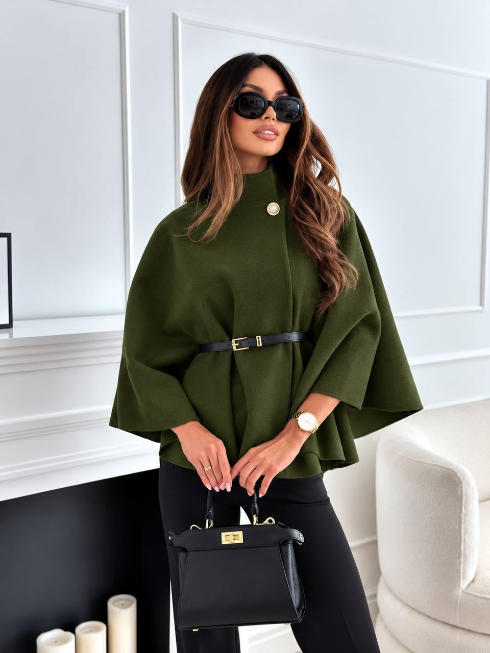 Belted Cape Coat With Stand Collar And Button – Olive Green