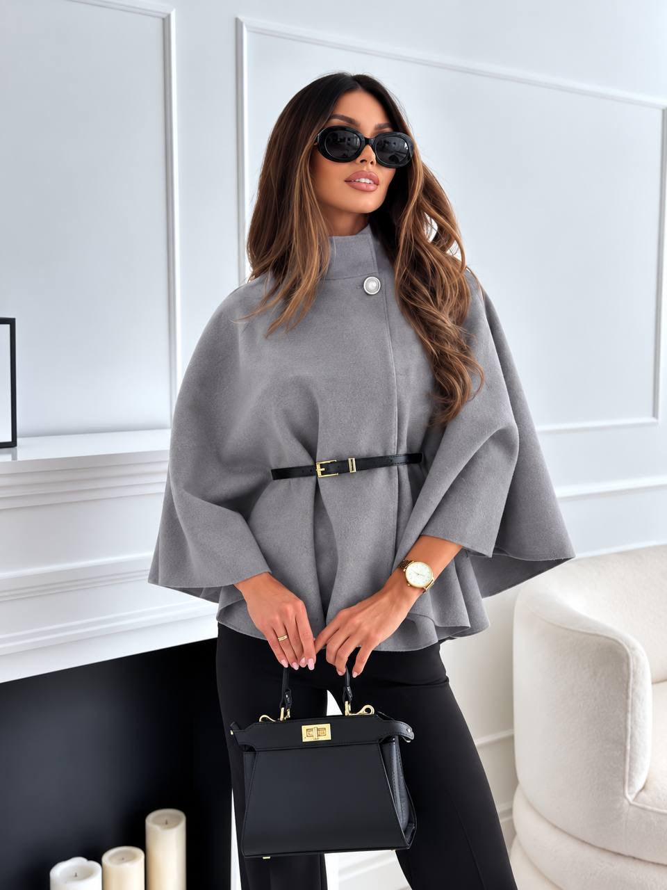 Belted Cape Coat With Stand Collar And Button – Grey