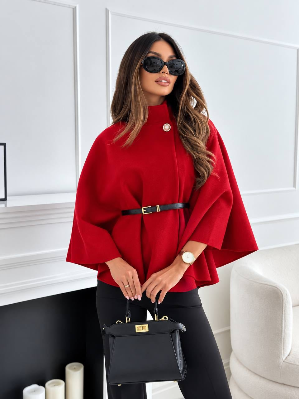 Belted Cape Coat With Stand Collar And Button – Red