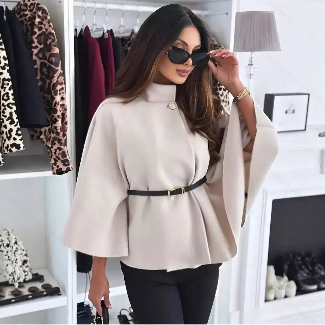 Belted Cape Coat With Stand Collar And Button – Beige