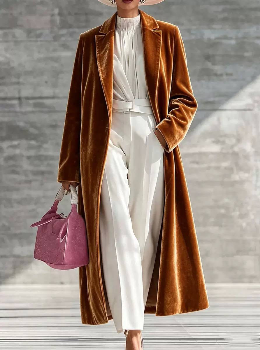 Longline Notched Lapel Coat With Long Sleeves – Rust
