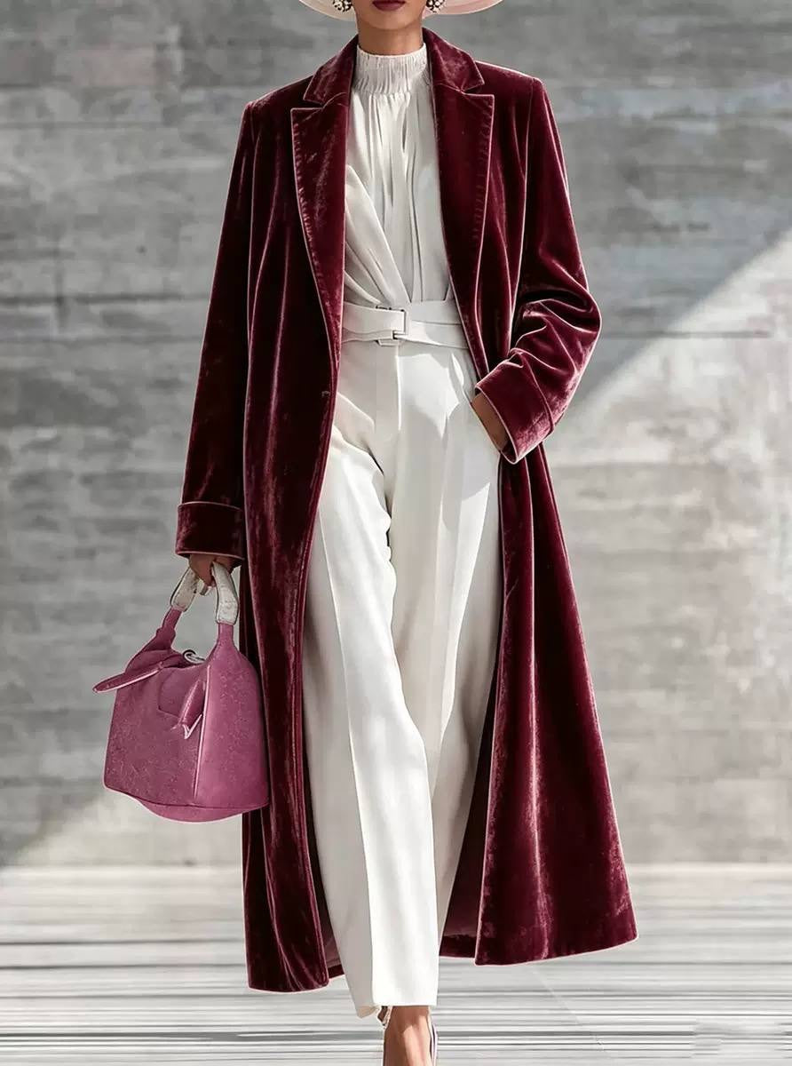 Longline Notched Lapel Coat With Long Sleeves – Burgundy
