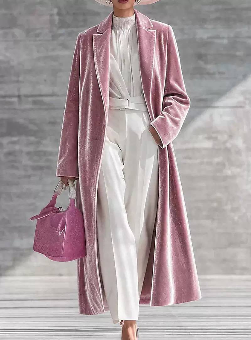 Longline Notched Lapel Coat With Long Sleeves – Pink
