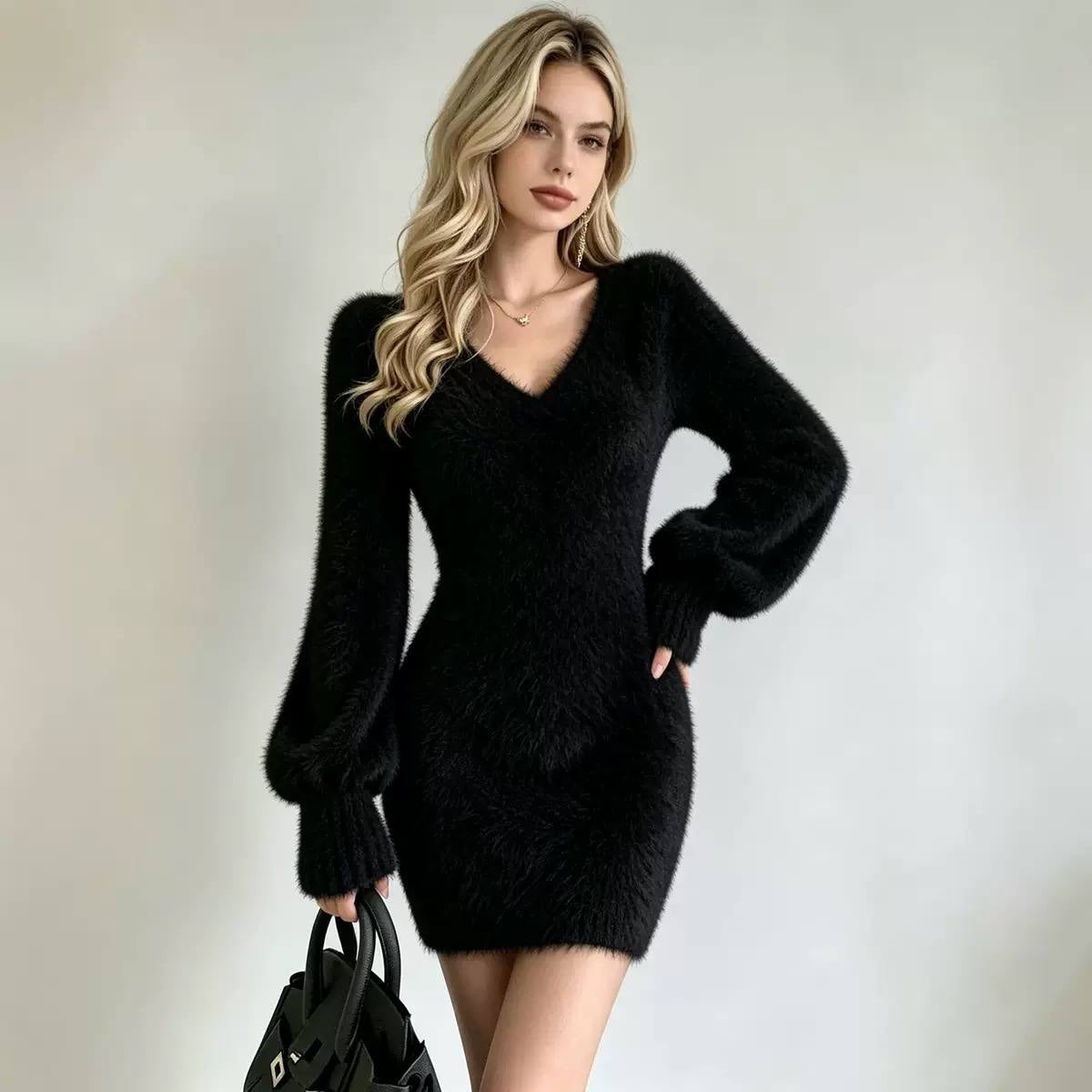 Fuzzy V-Neck Mini Sweater Dress With Balloon Sleeves – Black