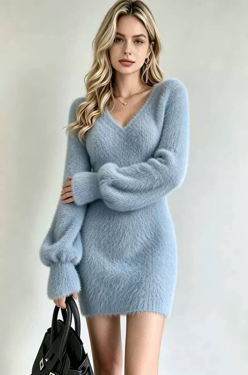 Fuzzy V-Neck Mini Sweater Dress With Balloon Sleeves – Light Blue