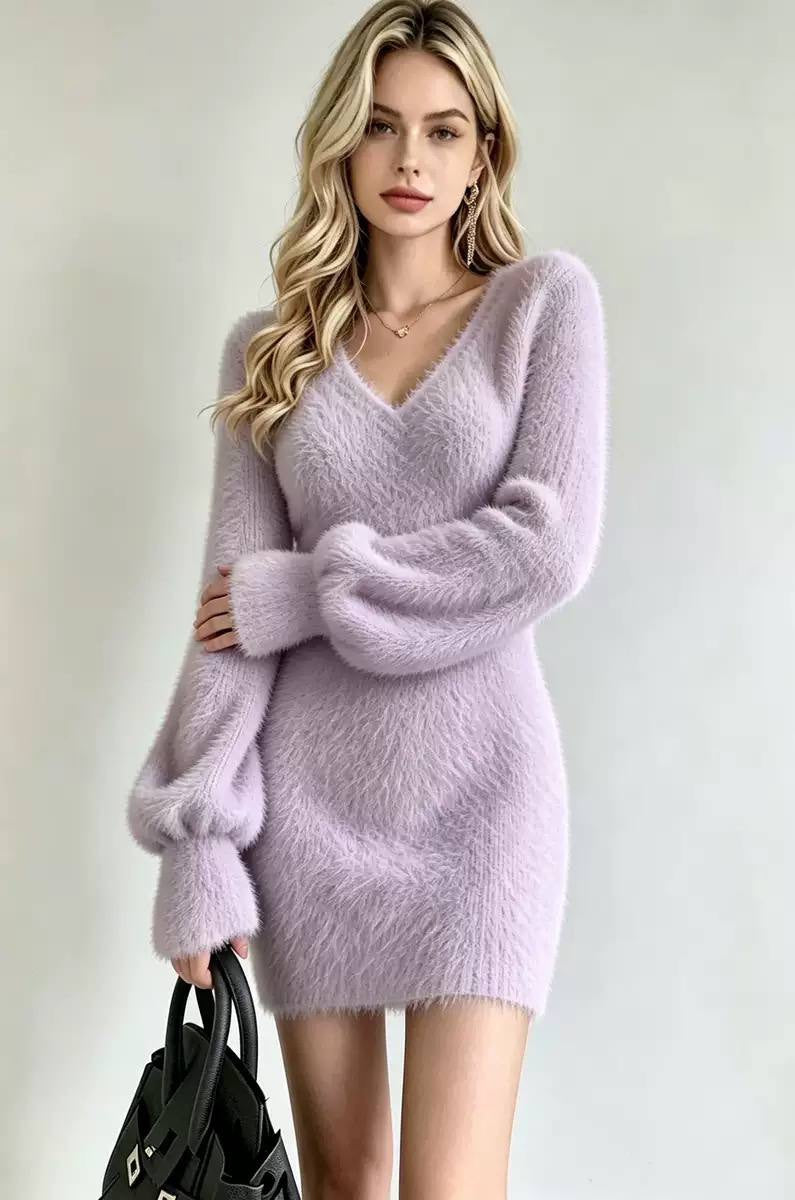 Fuzzy V-Neck Mini Sweater Dress With Balloon Sleeves – Lilac