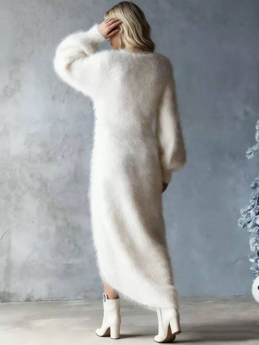 V-Neck Balloon Sleeve Maxi Dress With Button Detail – Ivory