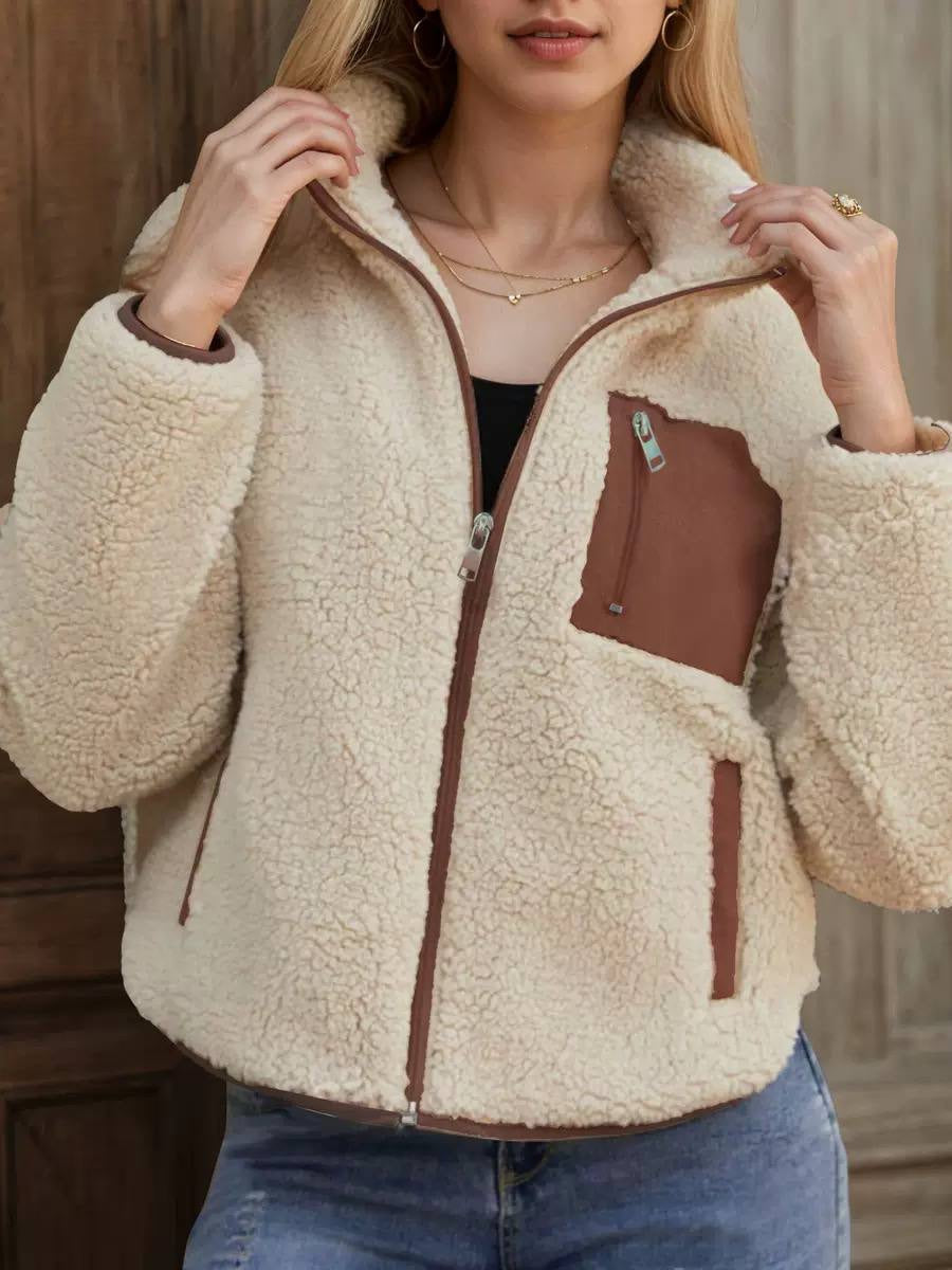 Textured Zip-Front Jacket With Contrast Chest Pocket – Cream
