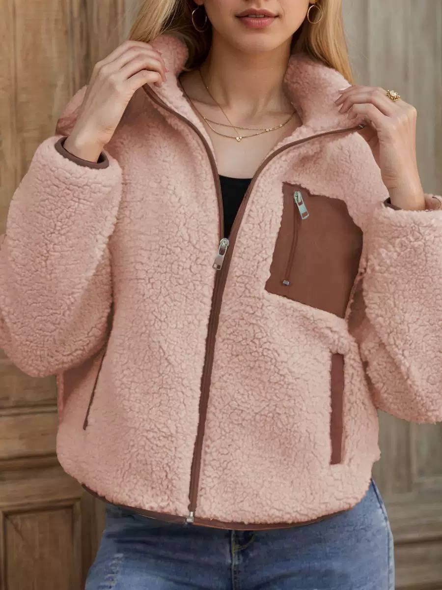Textured Zip-Front Jacket With Contrast Chest Pocket – Pink