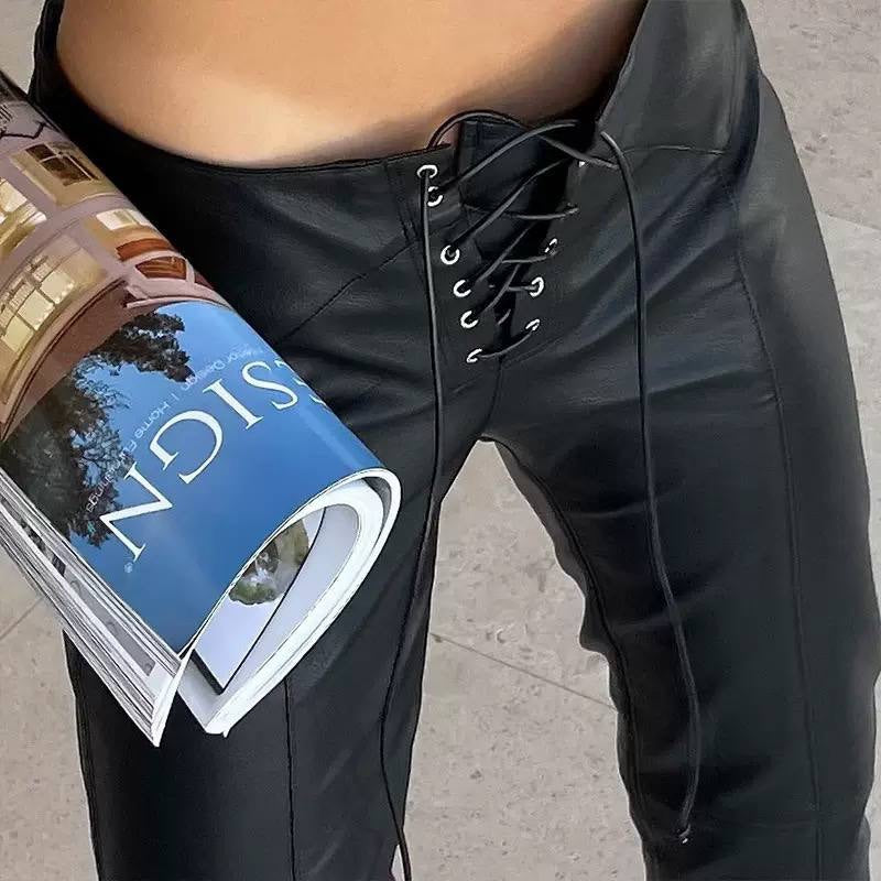 Lace-Up Flared Pants With Front Seams And Split Hems – Black