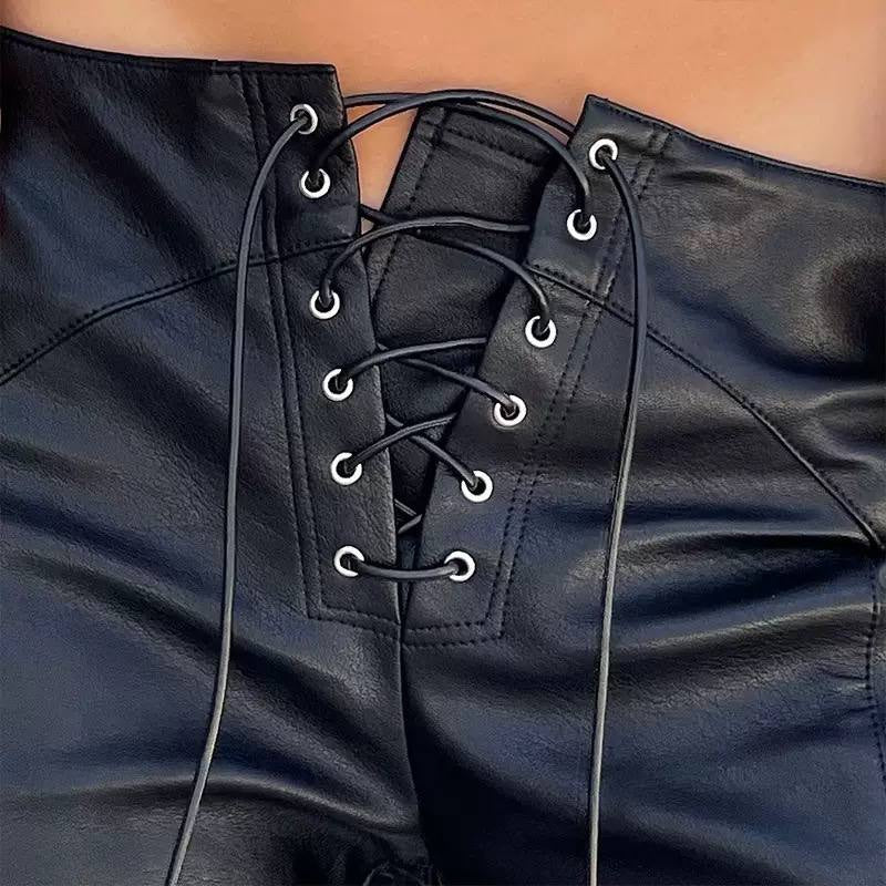 Lace-Up Flared Pants With Front Seams And Split Hems – Black