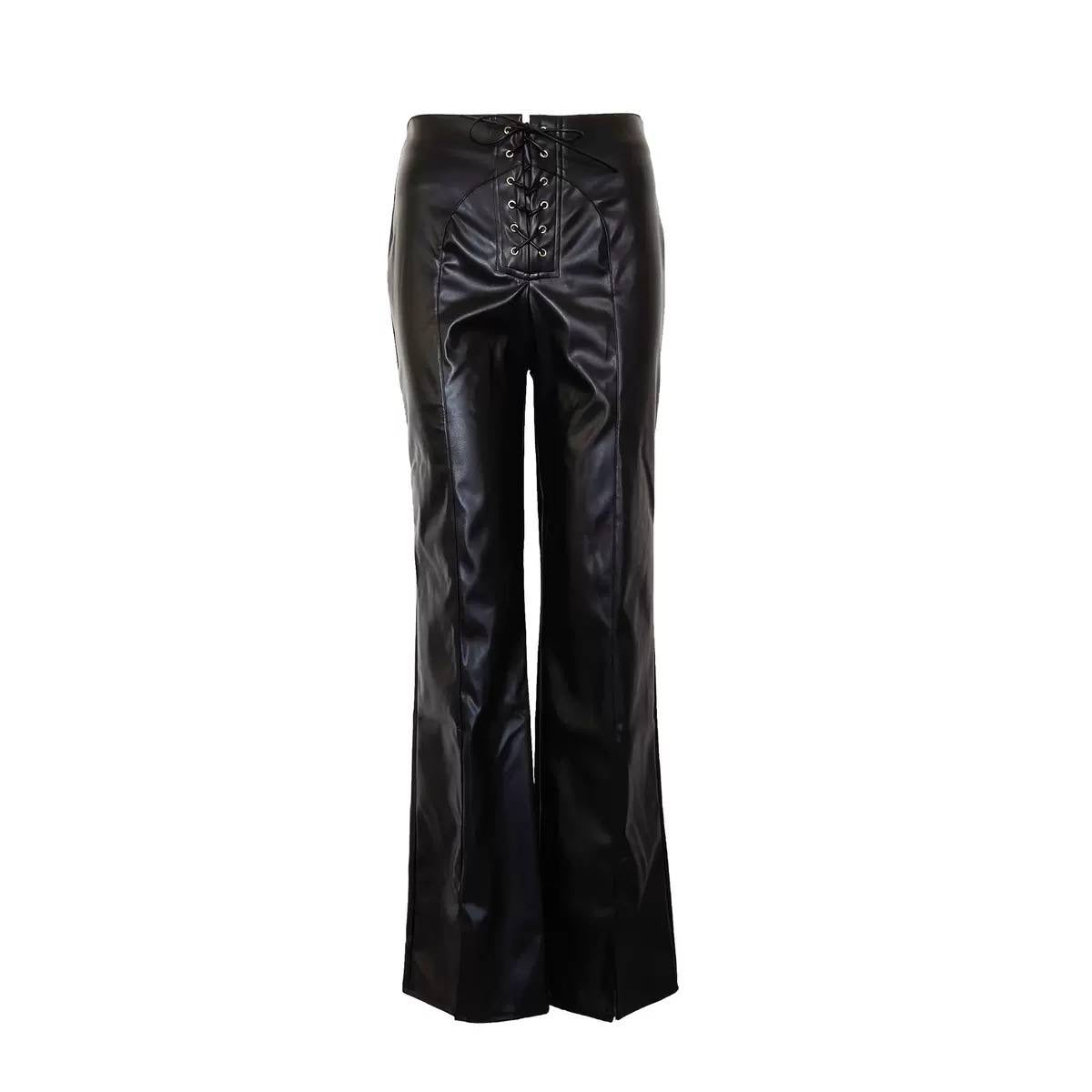 Lace-Up Flared Pants With Front Seams And Split Hems – Black