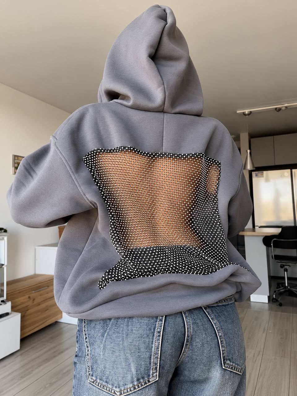 Relaxed Hoodie With Embellished Mesh Back Panel – Grey