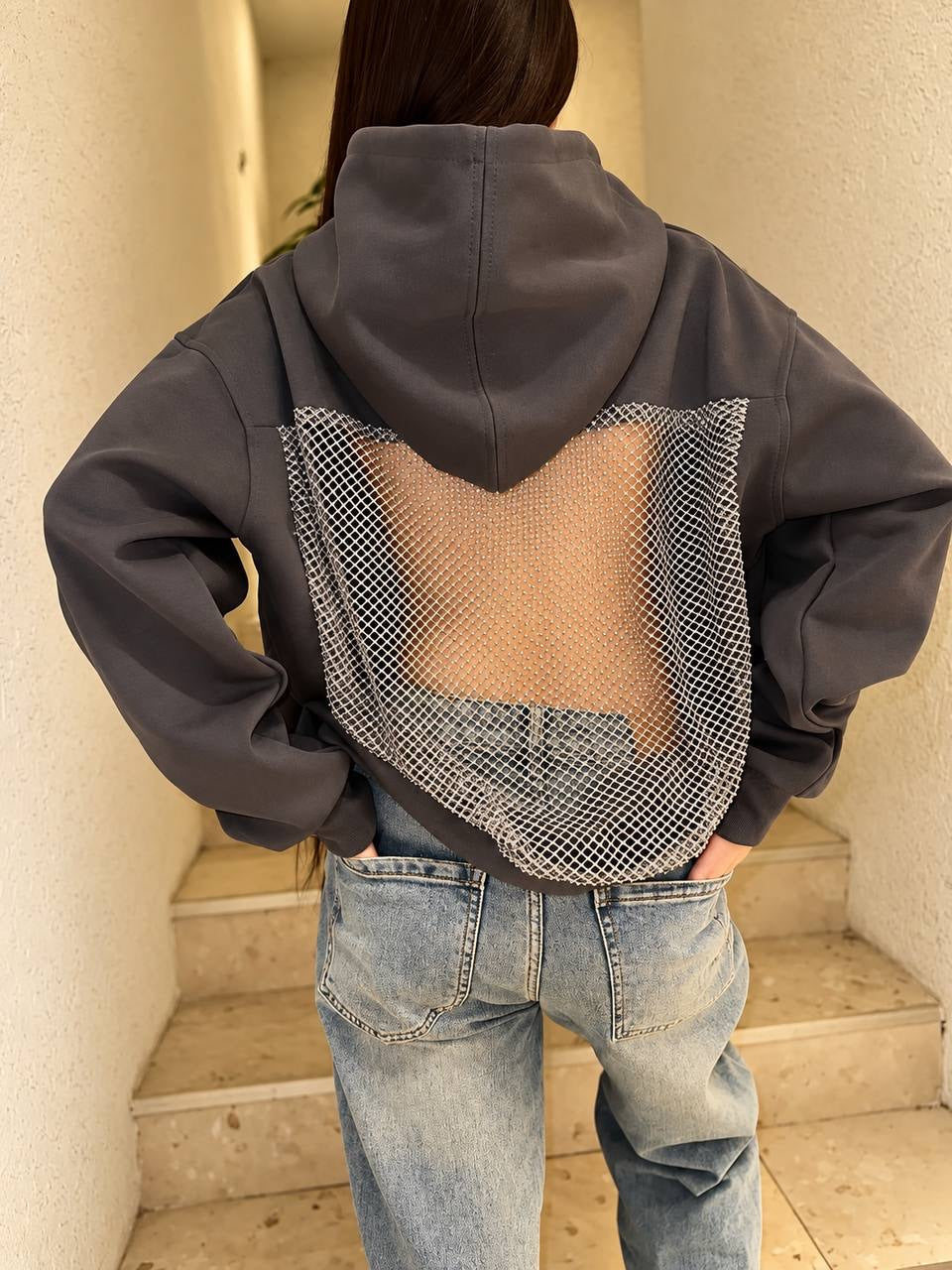 Relaxed Hoodie With Embellished Mesh Back Panel – Grey