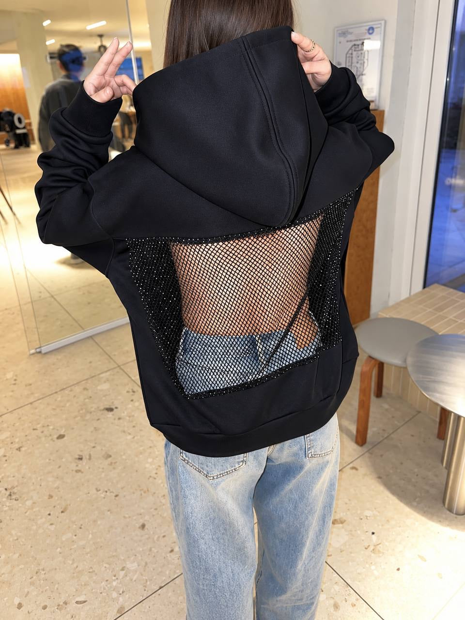 Relaxed Hoodie With Embellished Mesh Back Panel – Black