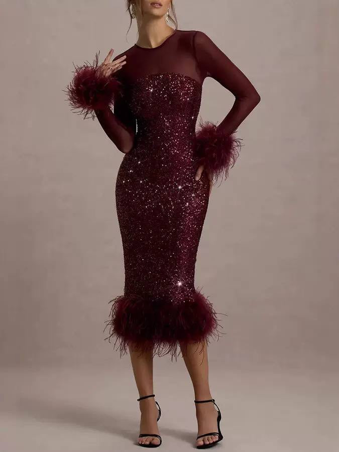 Sequin Midi Dress With Sheer Sleeves and Feather-Effect Trim – Burgundy